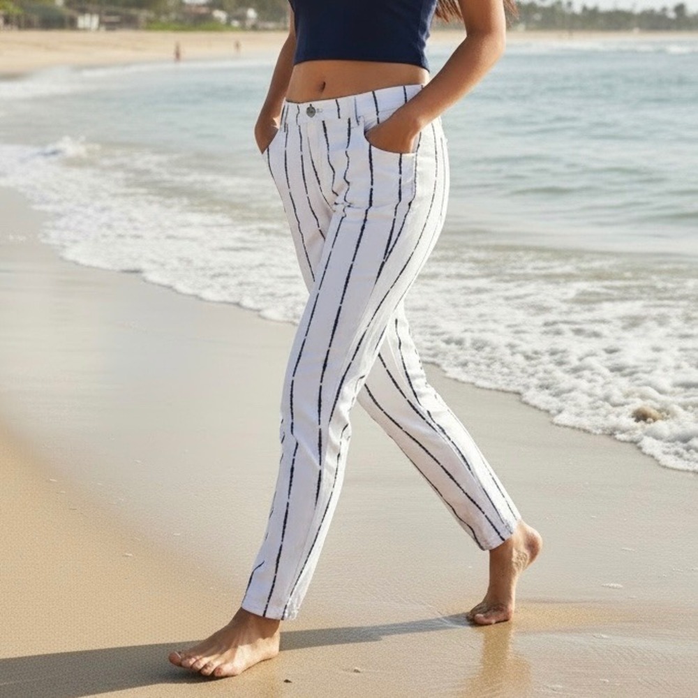 Womens XL 16-18 White Navy Blue Vertical Stripe Skinny Pants High Rise Coastal